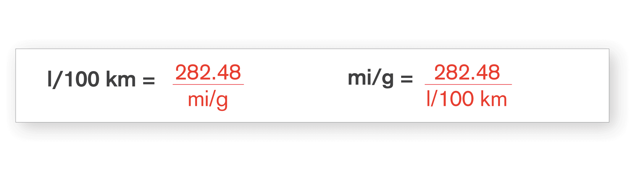 Une formule de conversion de l/100 km en mi/g et de mi/g en l/100 km.