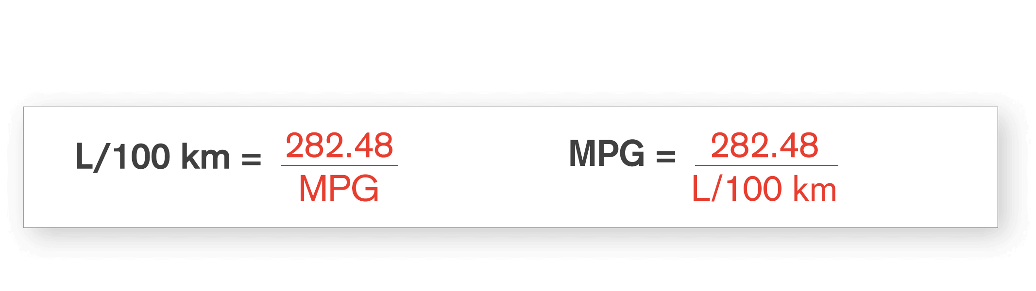 Formula to convert L/100 km into MPG and MPG into L/100 km.